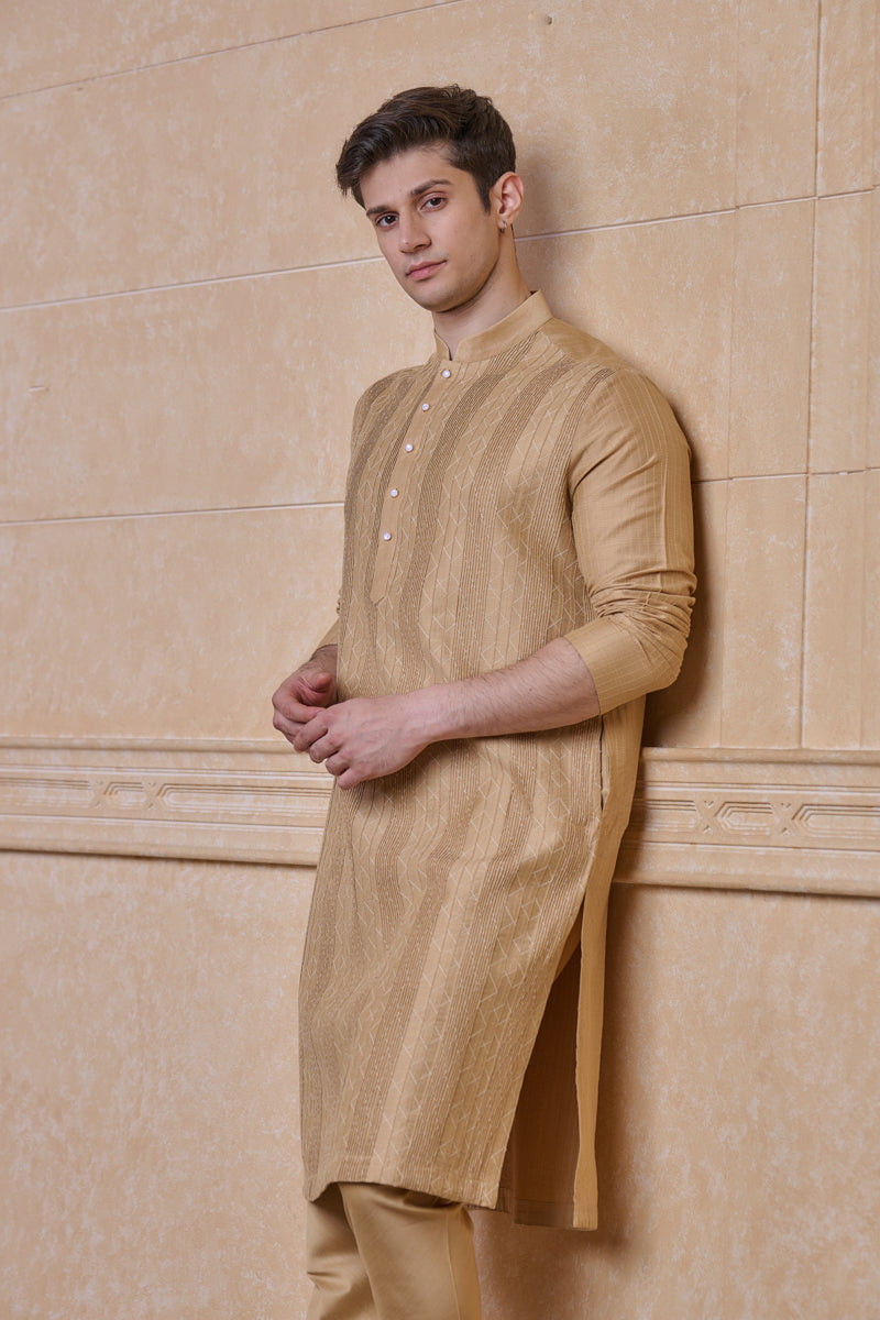 Beige Kurta Set With Textured Detailing