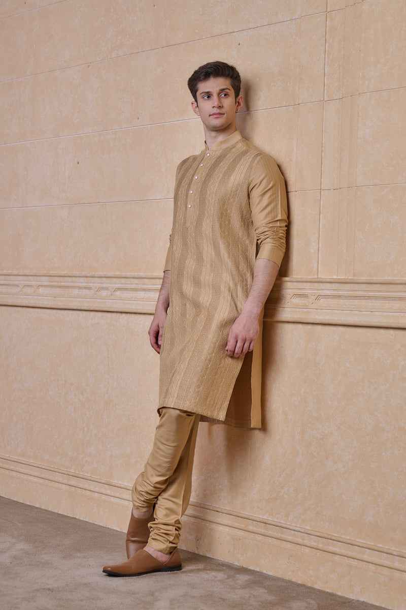 Beige Kurta Set With Textured Detailing