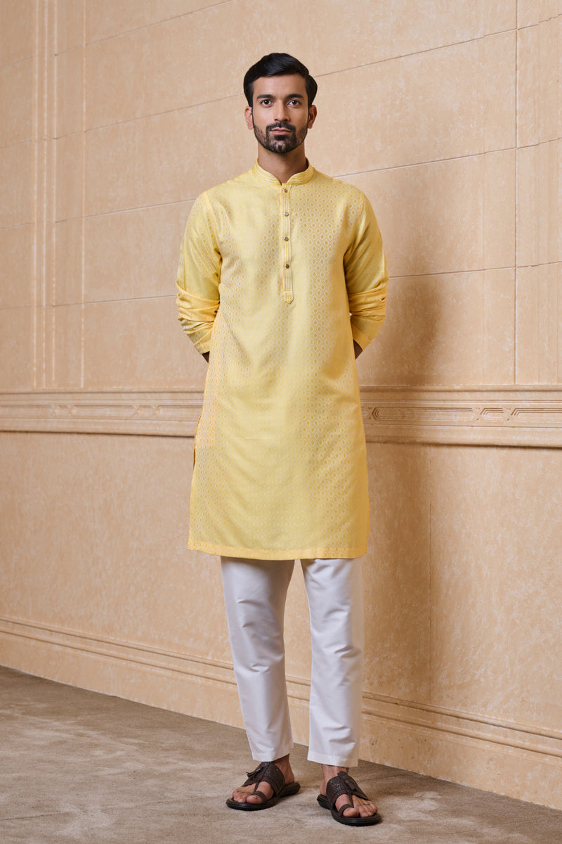 Yellow Jacquard Kurta Set With Embroidered Collar