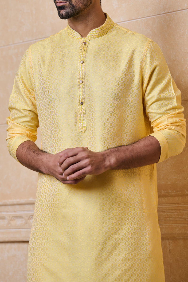 Yellow Jacquard Kurta Set With Embroidered Collar