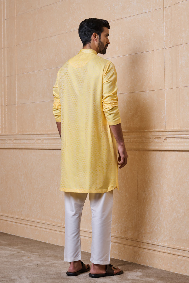 Yellow Jacquard Kurta Set With Embroidered Collar