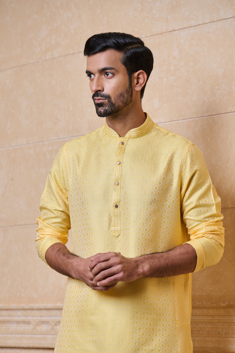 Yellow Jacquard Kurta Set With Embroidered Collar