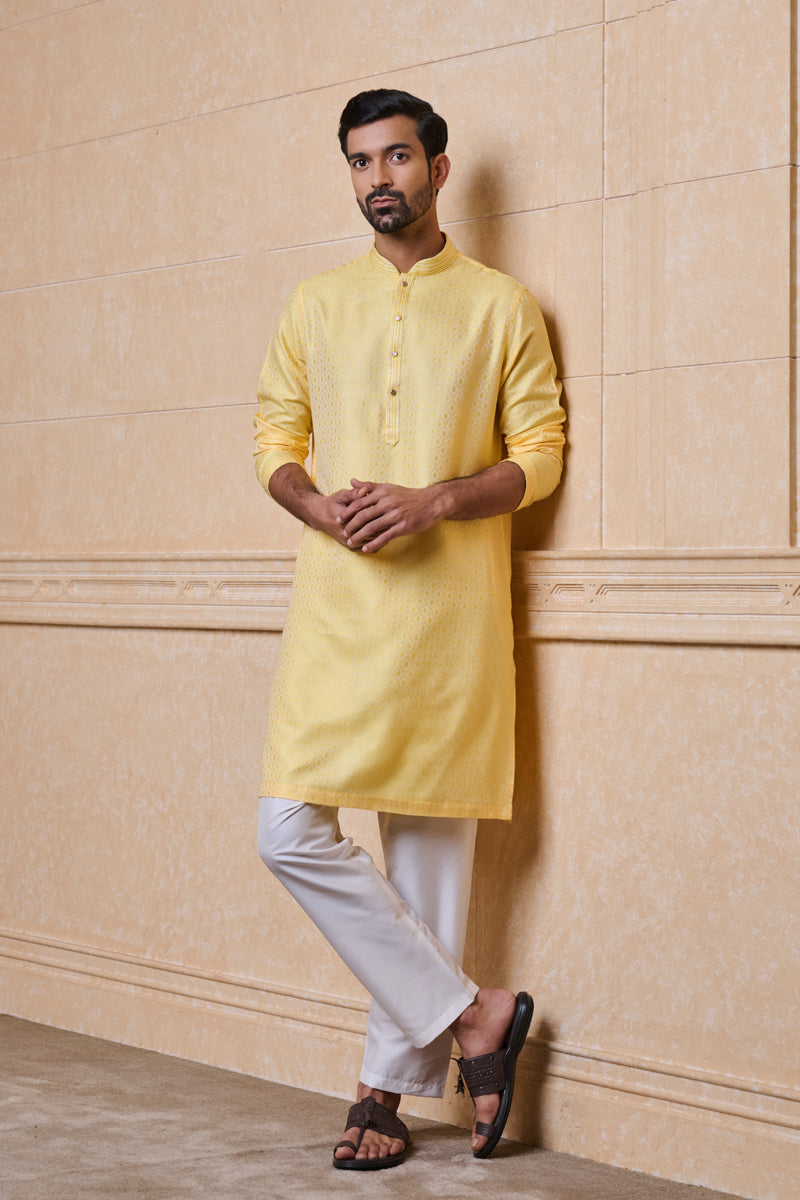 Yellow Jacquard Kurta Set With Embroidered Collar