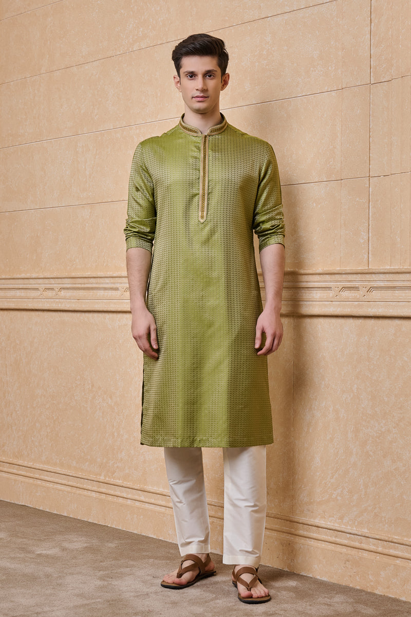 Light Green Jacquard Kurta Set With All Over Embroidery