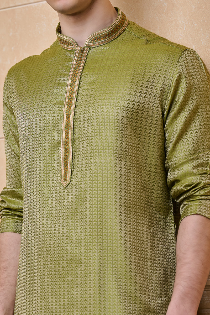 Light Green Jacquard Kurta Set With All Over Embroidery