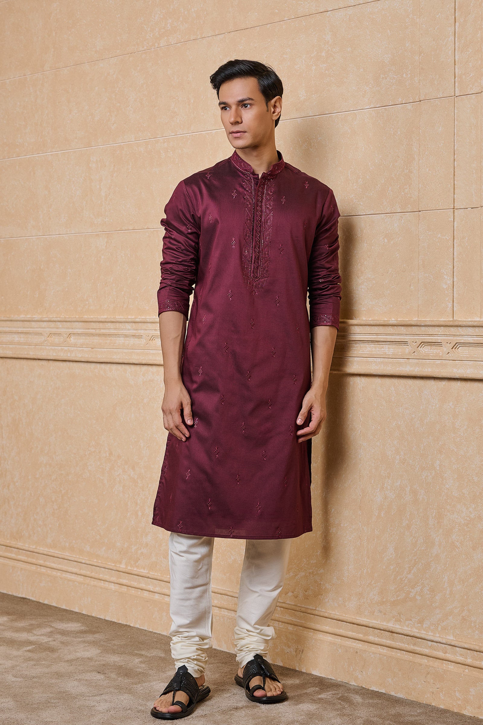 Wine All Over Embroidered Kurta Set