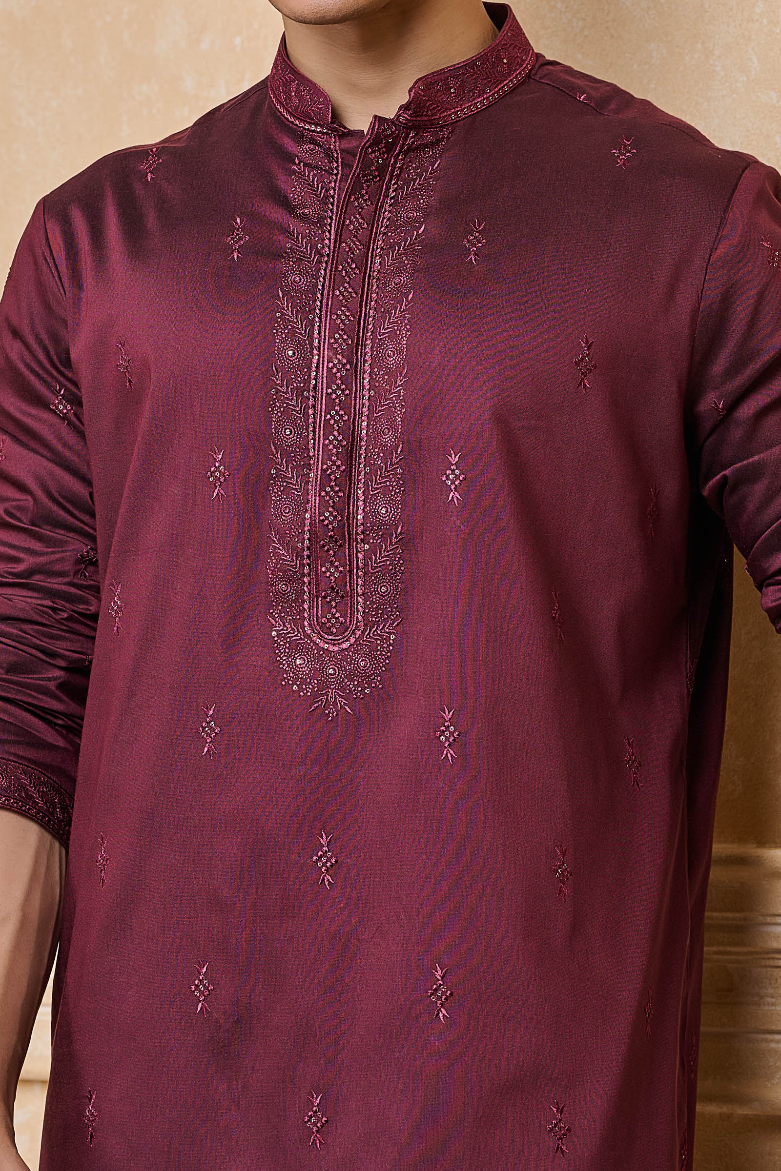 Wine All Over Embroidered Kurta Set