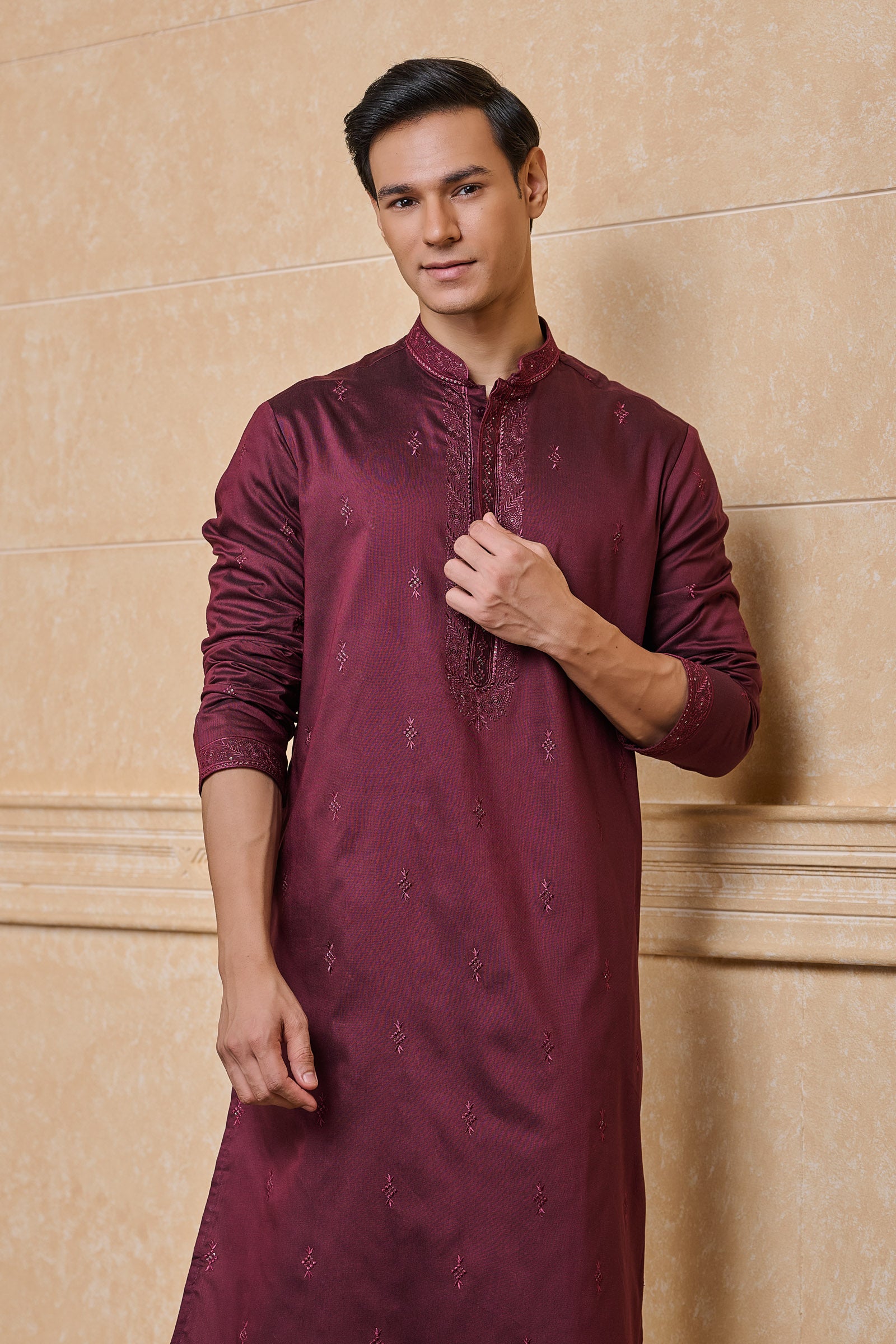 Wine All Over Embroidered Kurta Set