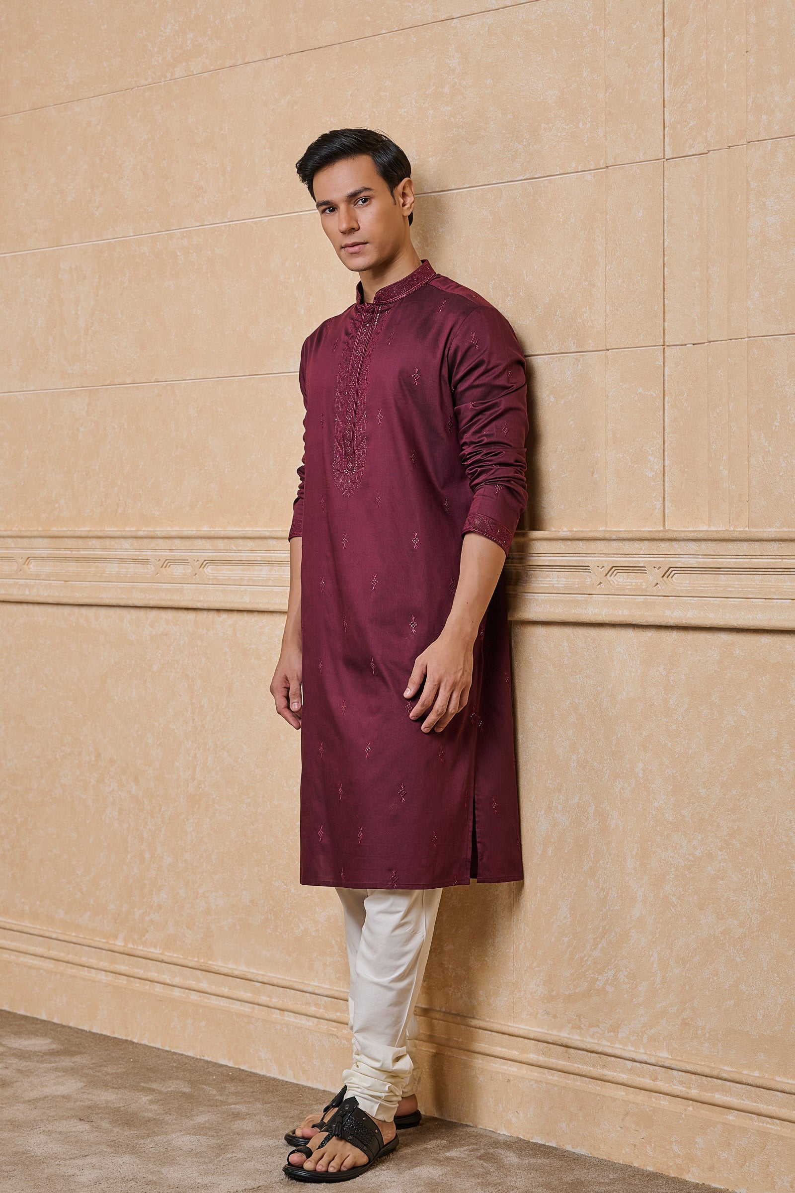 Wine All Over Embroidered Kurta Set