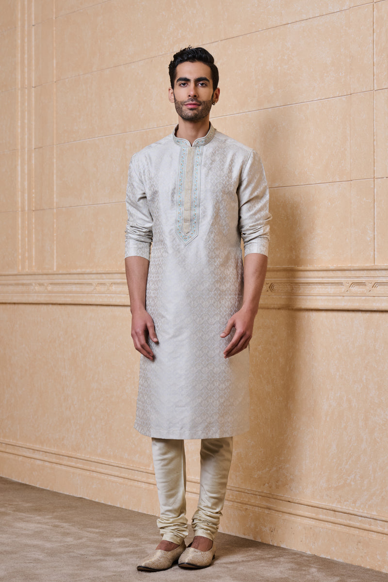 Light Blue Jacquard Kurta Set with Mirror Detailing on Placket