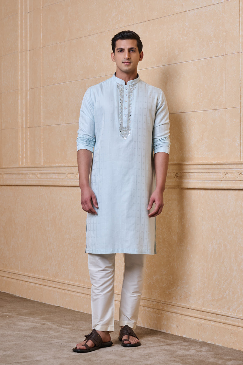 Light Blue Jacquard Kurta Set with Mirror Detailing on Placket