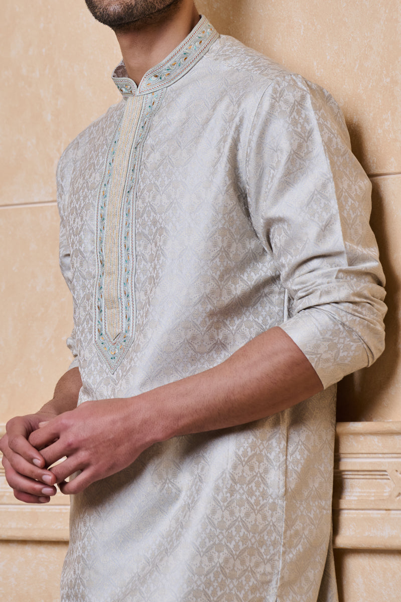 Light Blue Jacquard Kurta Set with Mirror Detailing on Placket