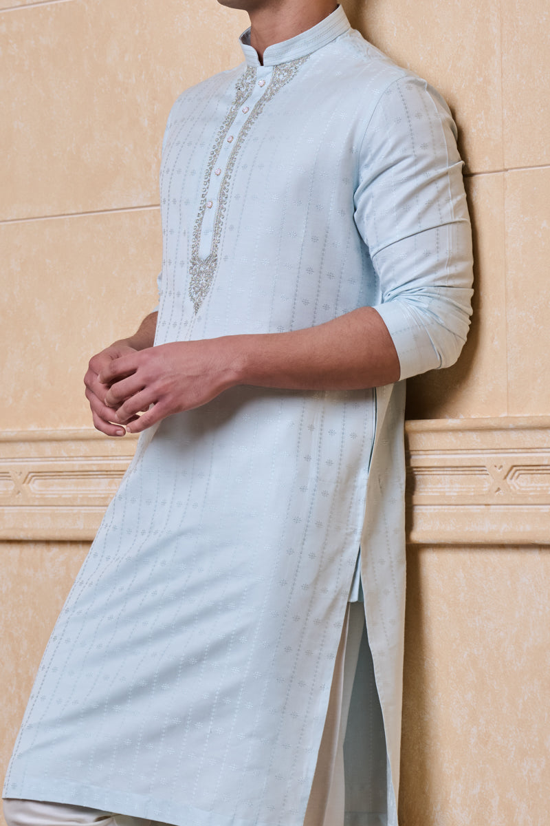 Light Blue Jacquard Kurta Set with Mirror Detailing on Placket