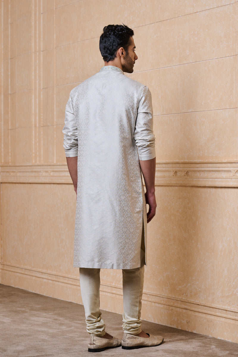 Light Blue Jacquard Kurta Set with Mirror Detailing on Placket