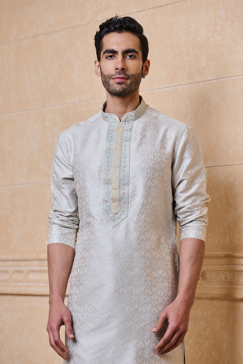 Light Blue Jacquard Kurta Set with Mirror Detailing on Placket