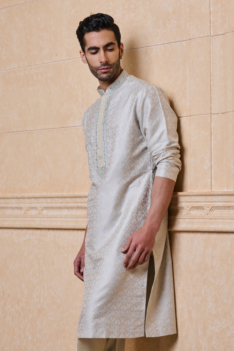 Light Blue Jacquard Kurta Set with Mirror Detailing on Placket