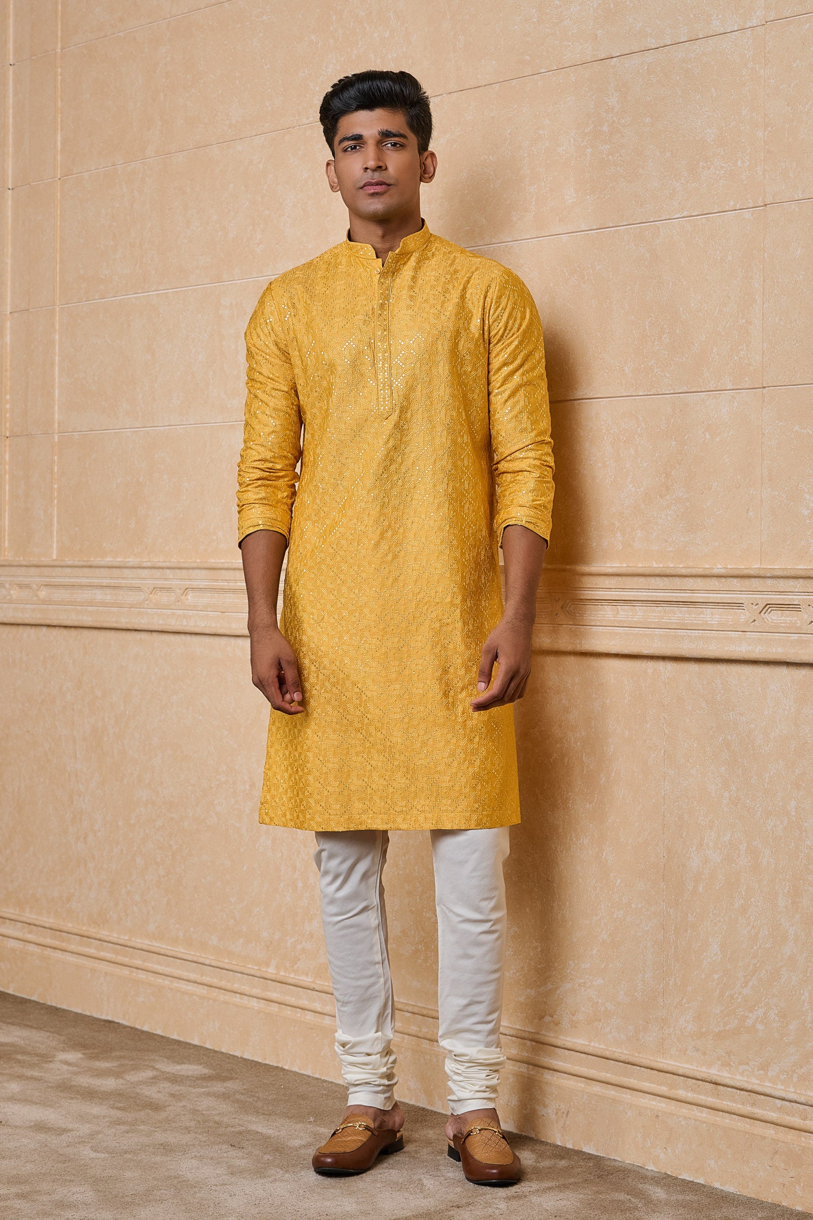 Yellow All Over Embroidered Kurta Set