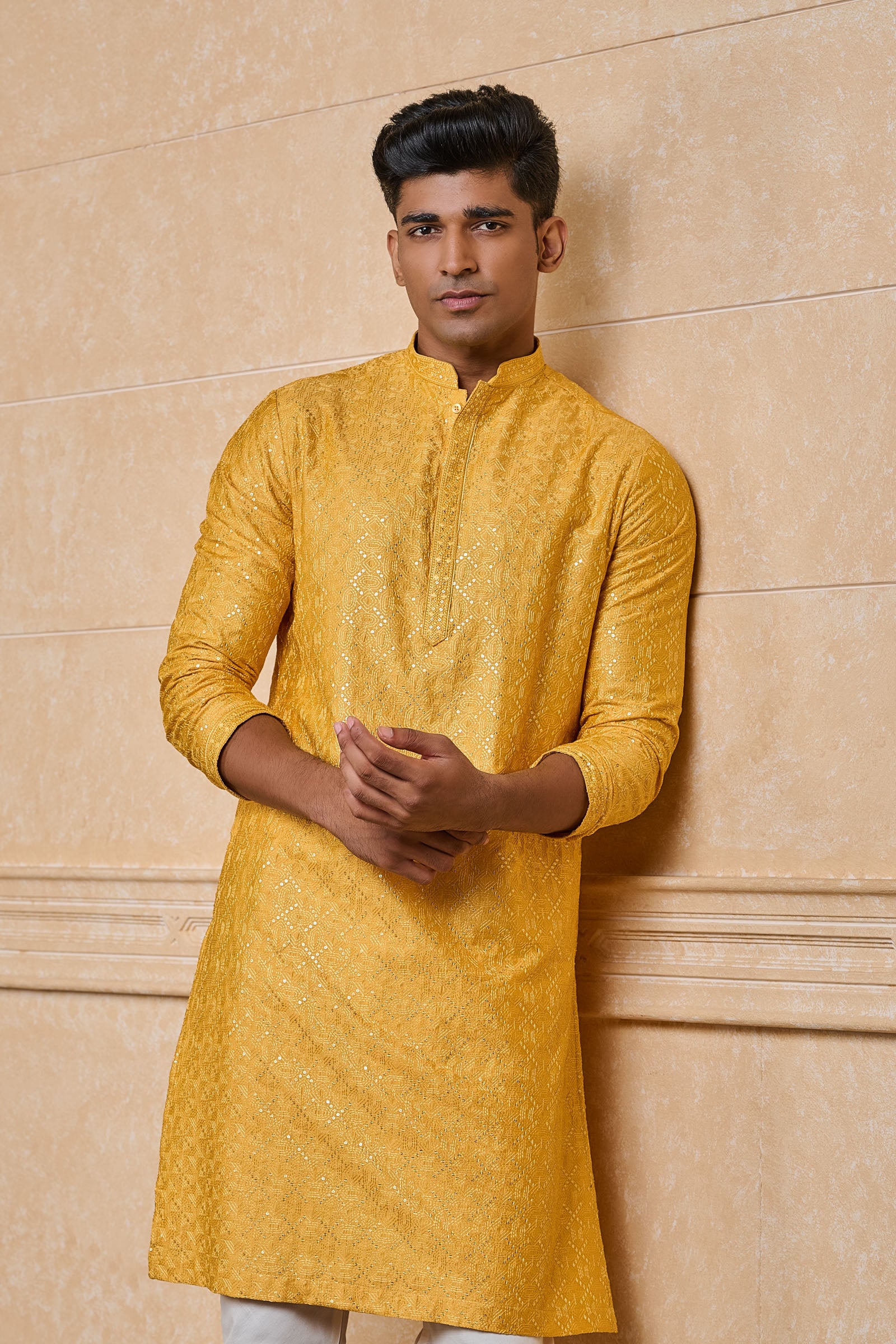 Yellow All Over Embroidered Kurta Set