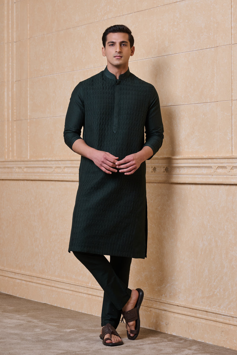 Dark Green Textured Kurta Set