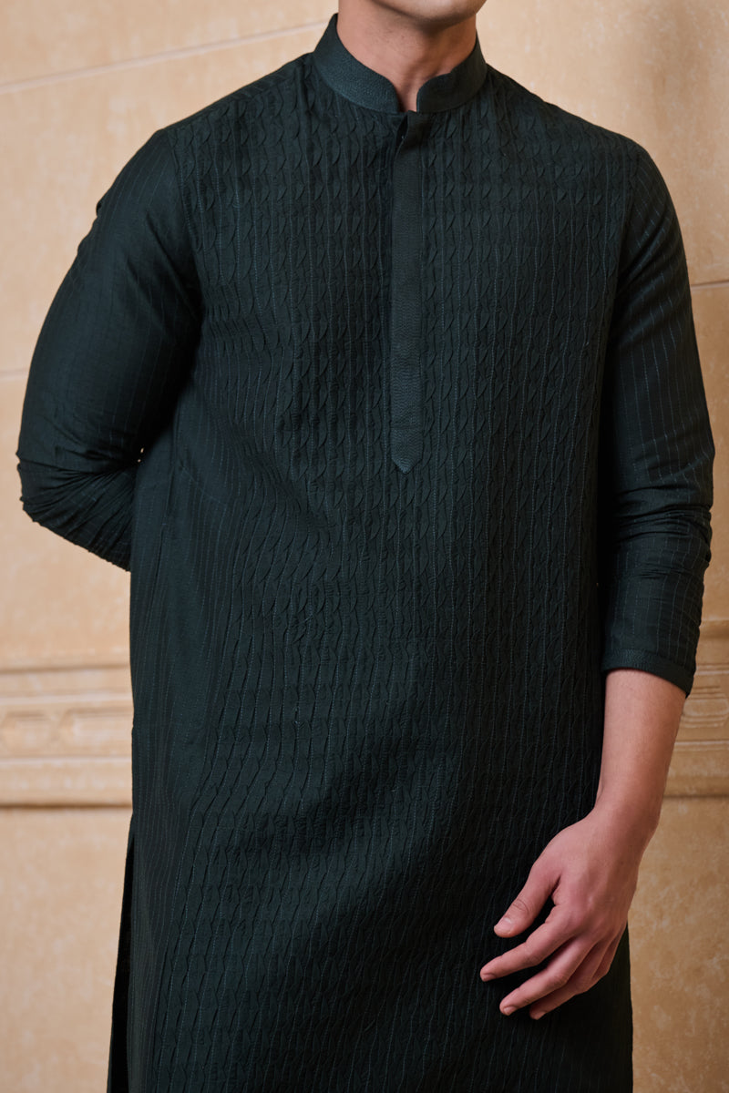 Dark Green Textured Kurta Set