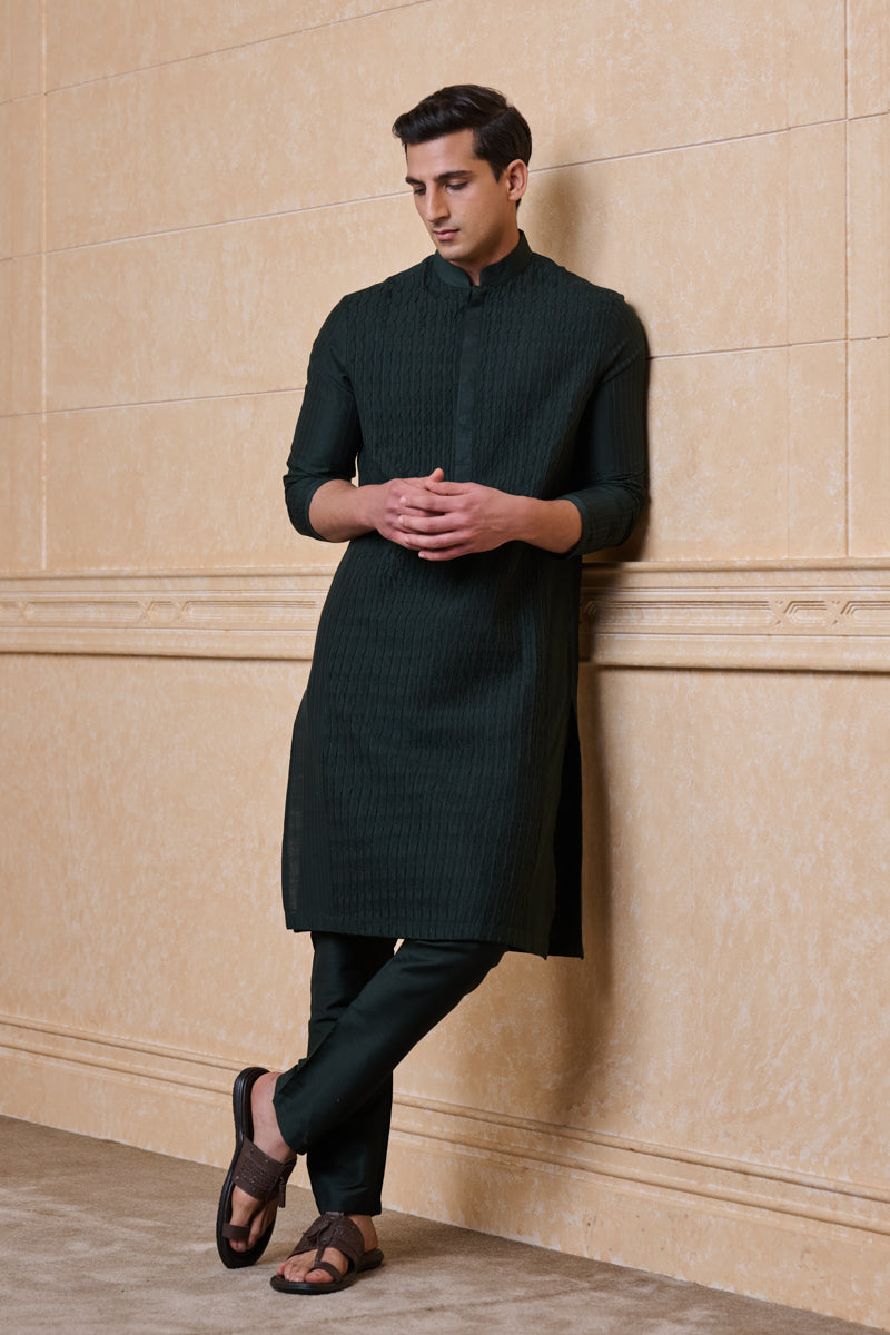 Dark Green Textured Kurta Set