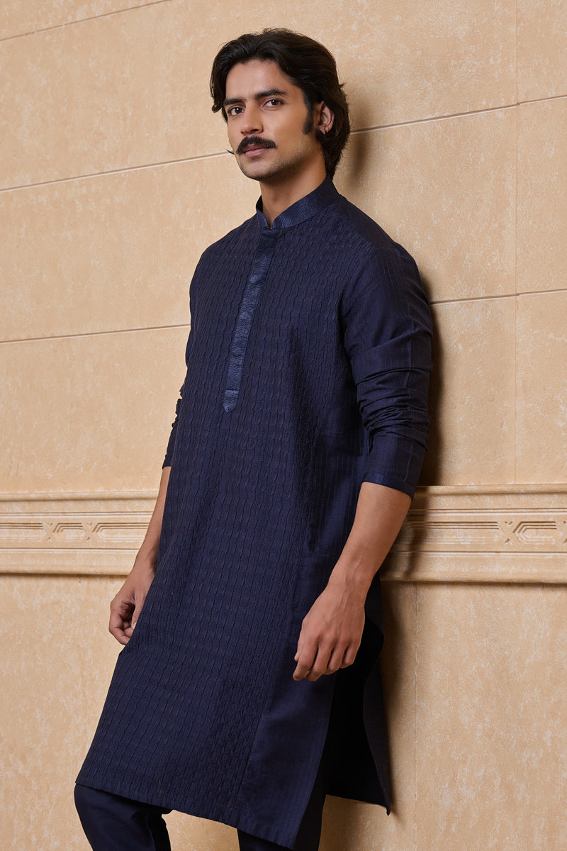 Navy Kurta Set With Texturing Detail