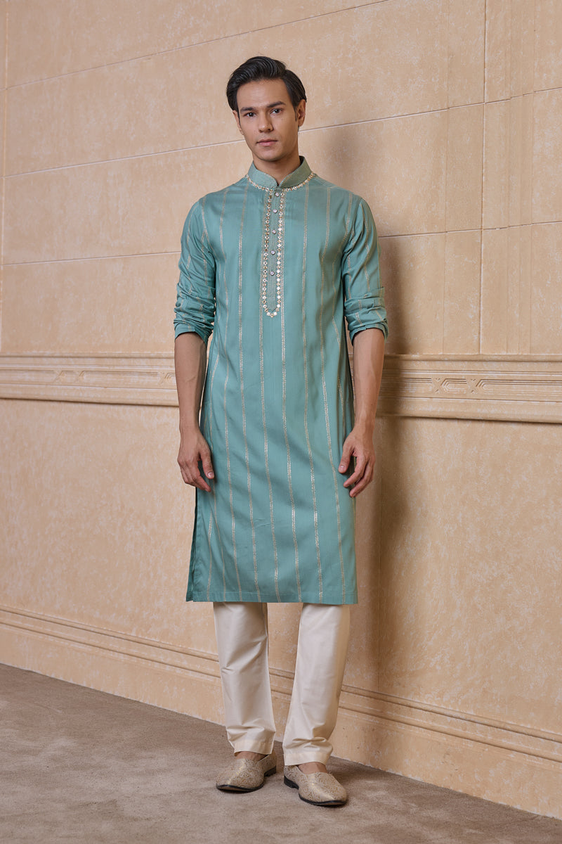 Aqua Jacquard Kurta Set