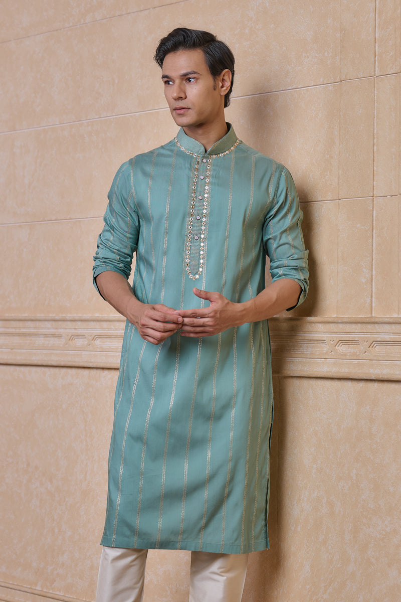 Aqua Jacquard Kurta Set