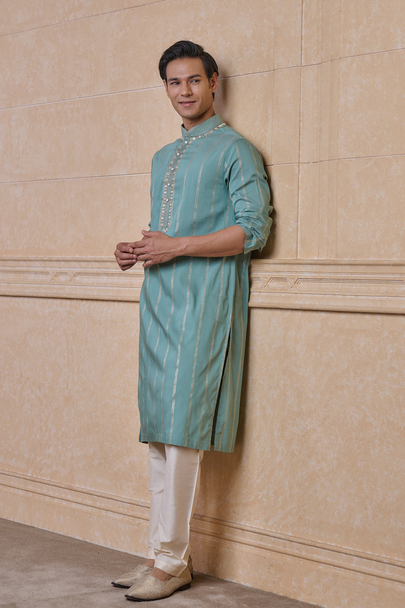 Aqua Jacquard Kurta Set