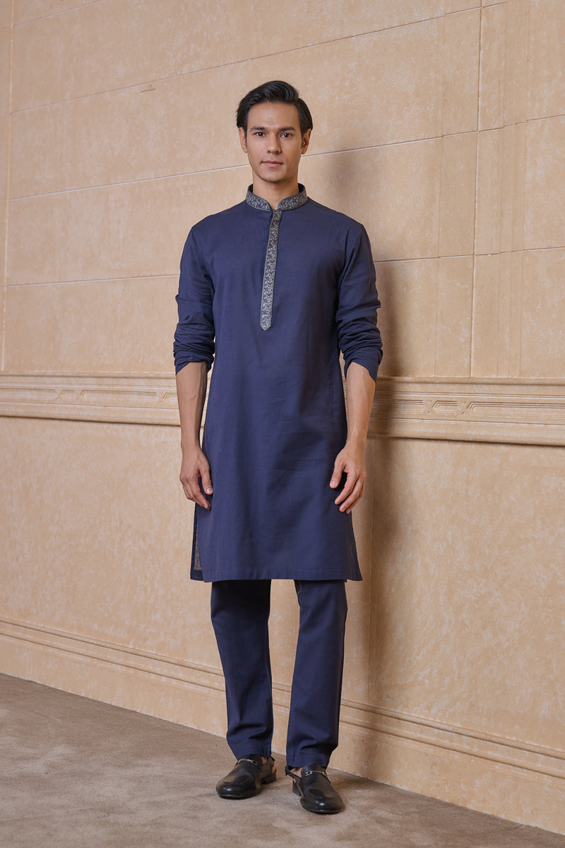 Navy Linen Blend Kurta Set With Resham Embroidery