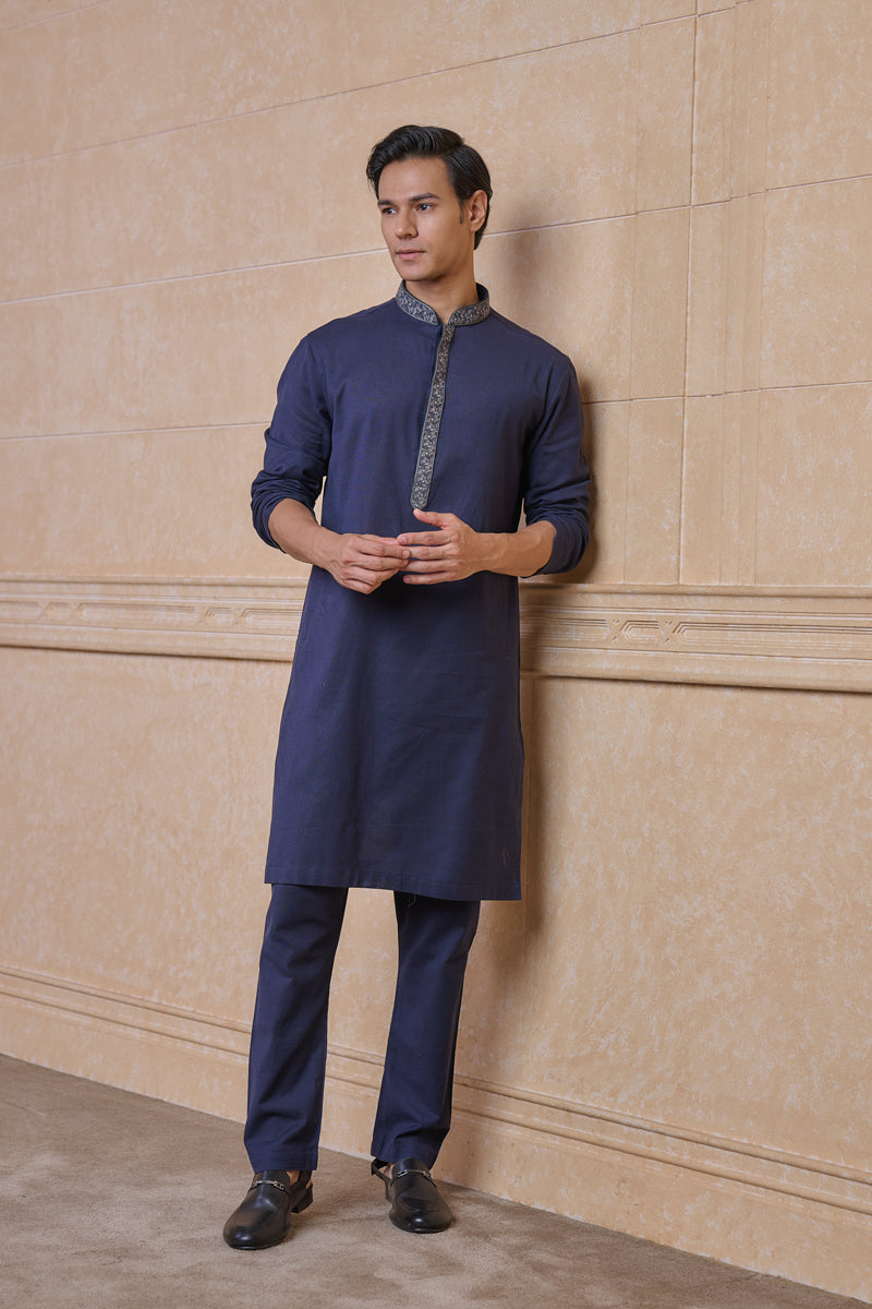 Navy Linen Blend Kurta Set With Resham Embroidery