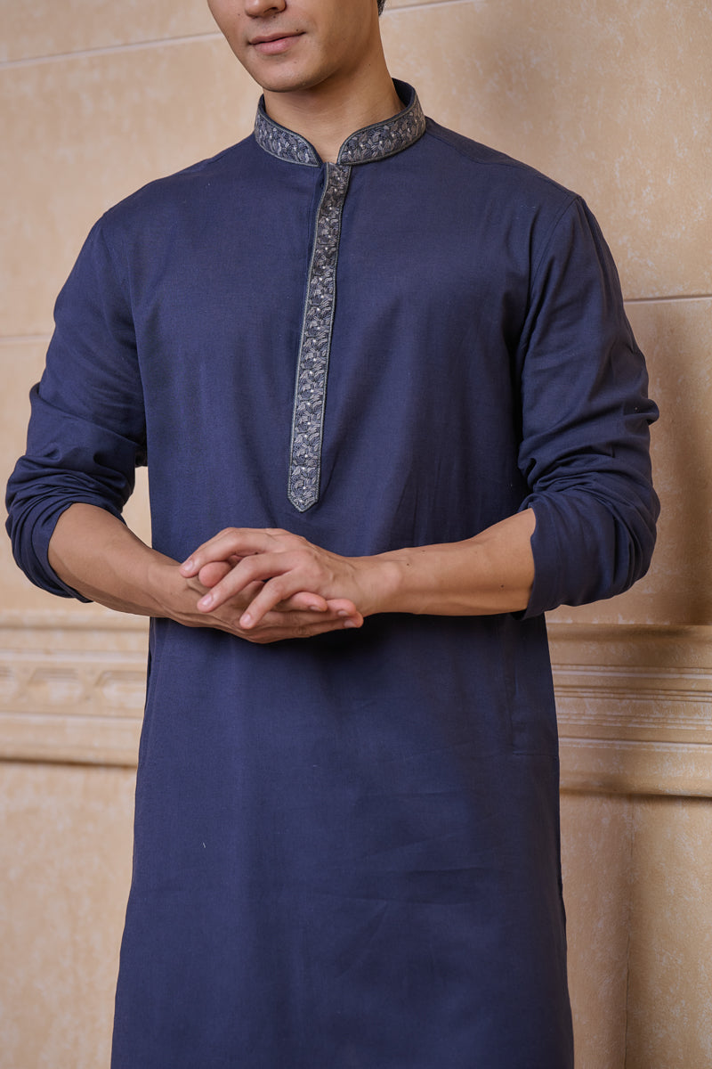 Navy Linen Blend Kurta Set With Resham Embroidery