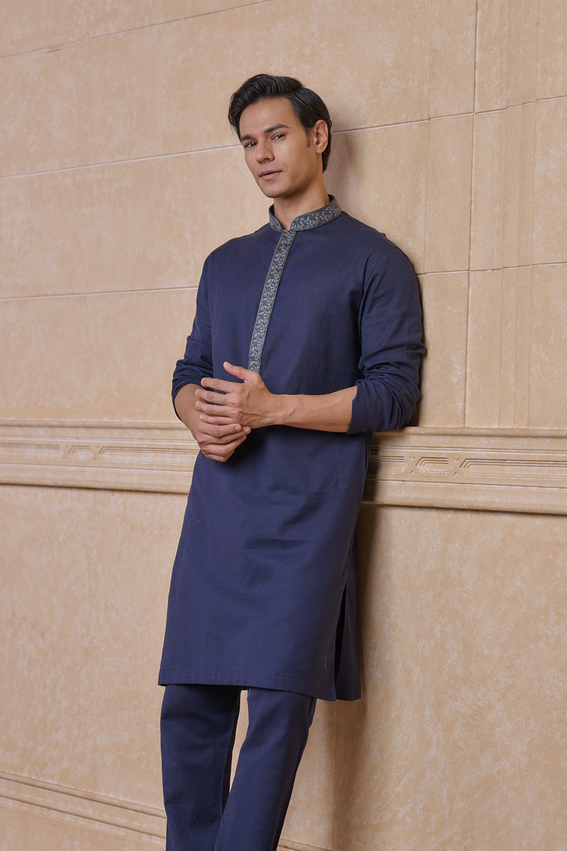 Navy Linen Blend Kurta Set With Resham Embroidery