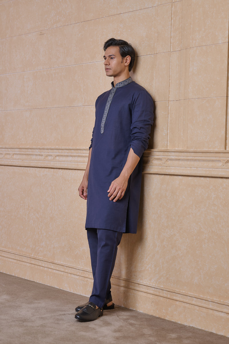 Navy Linen Blend Kurta Set With Resham Embroidery