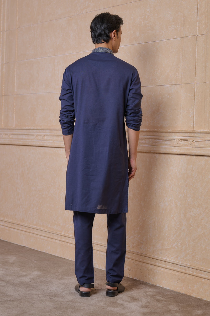 Navy Linen Blend Kurta Set With Resham Embroidery