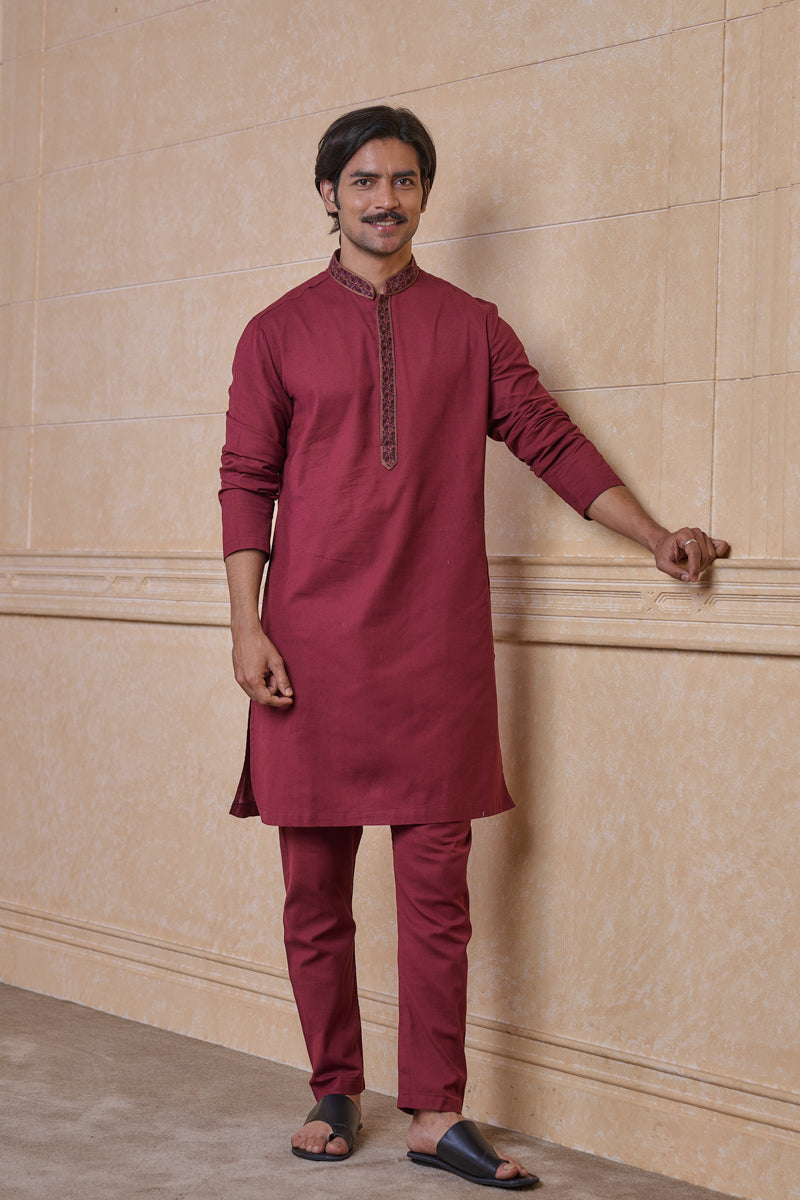 Wine Linen Blend Kurta Set With Resham Embroidery