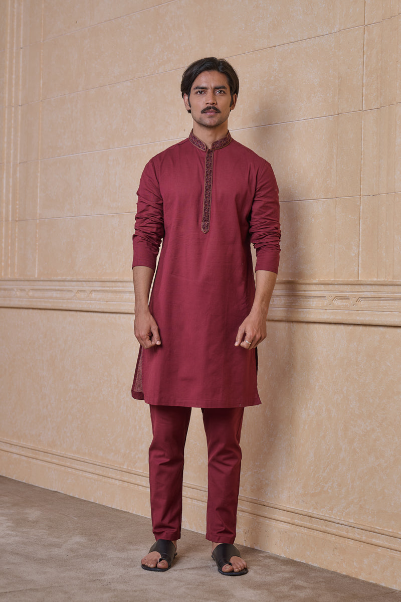 Wine Linen Blend Kurta Set With Resham Embroidery