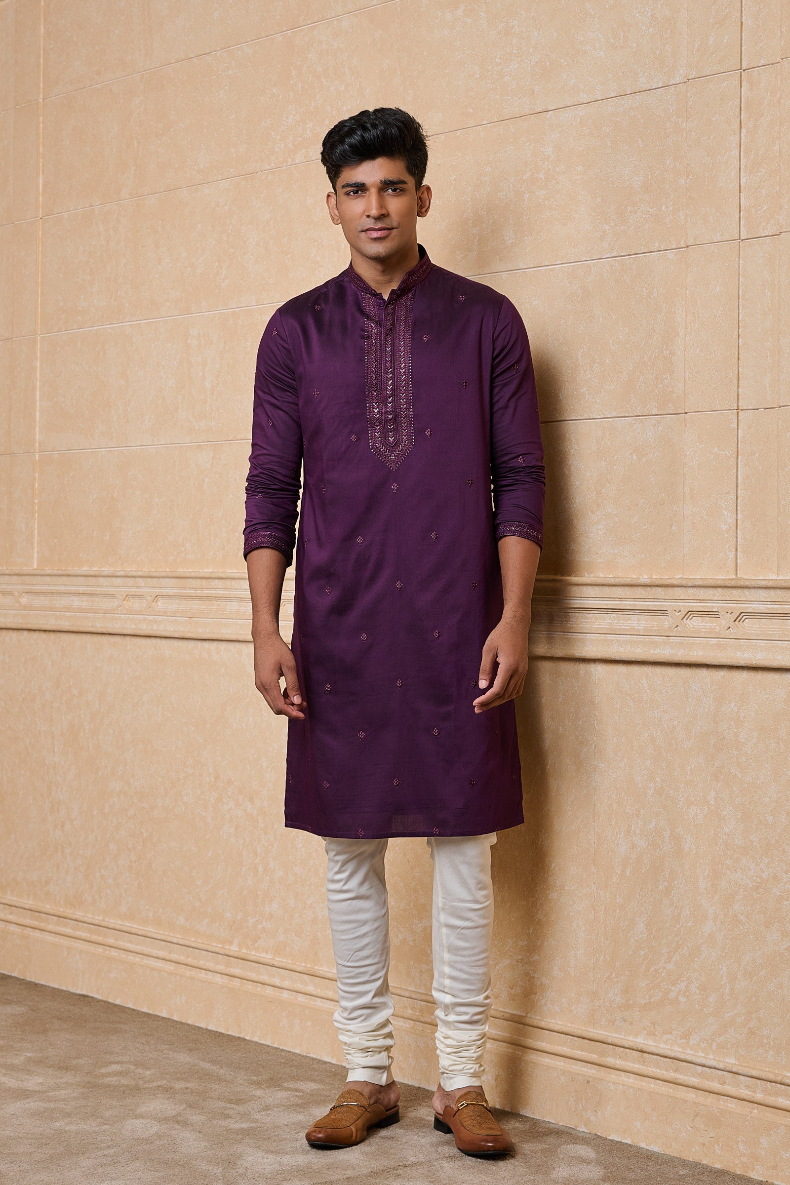 Purple All Over Embroidered Kurta Set