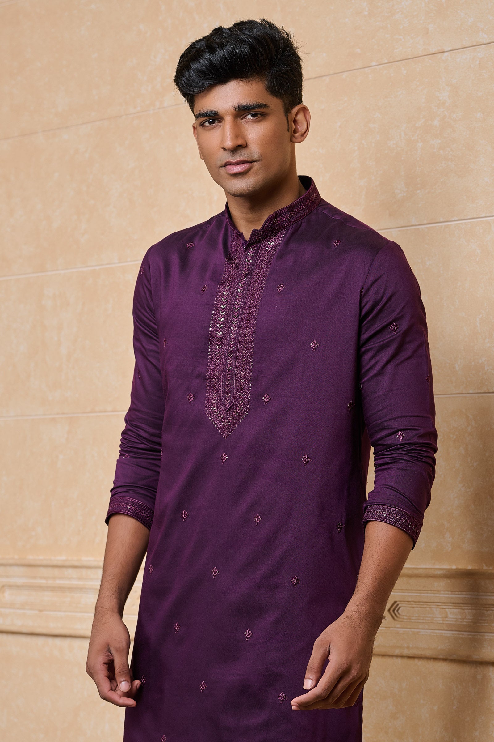 Purple All Over Embroidered Kurta Set