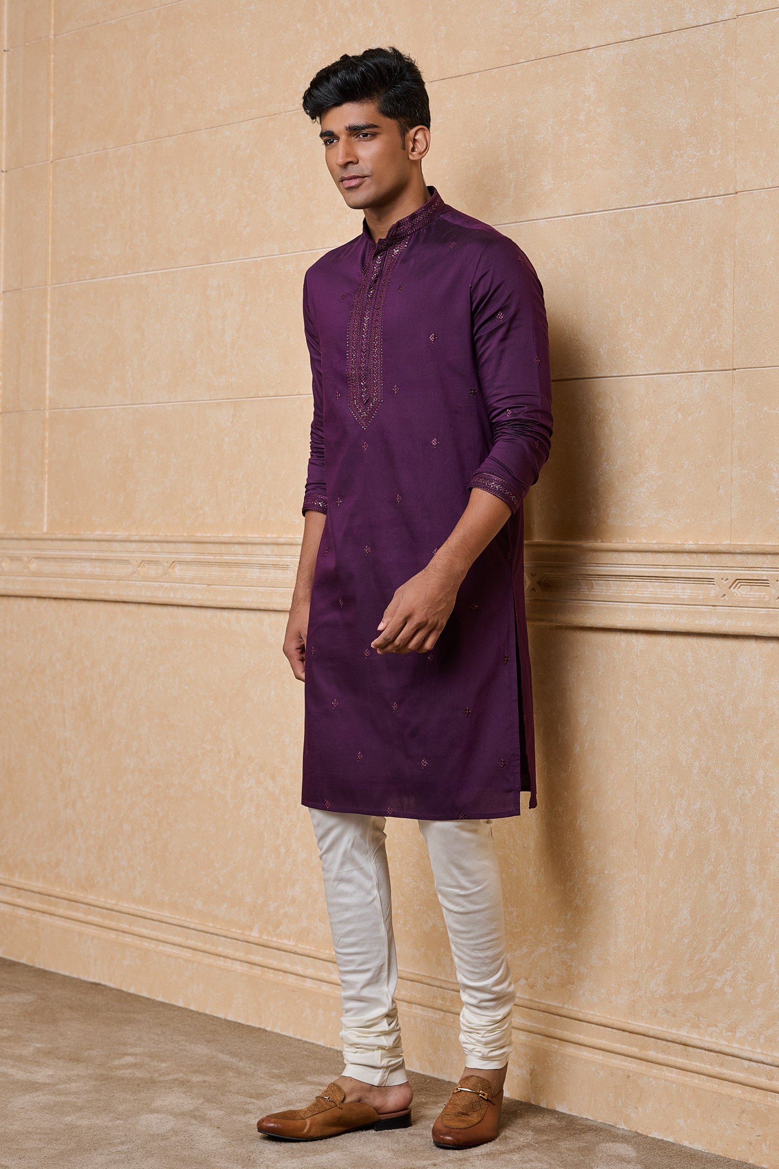 Purple All Over Embroidered Kurta Set