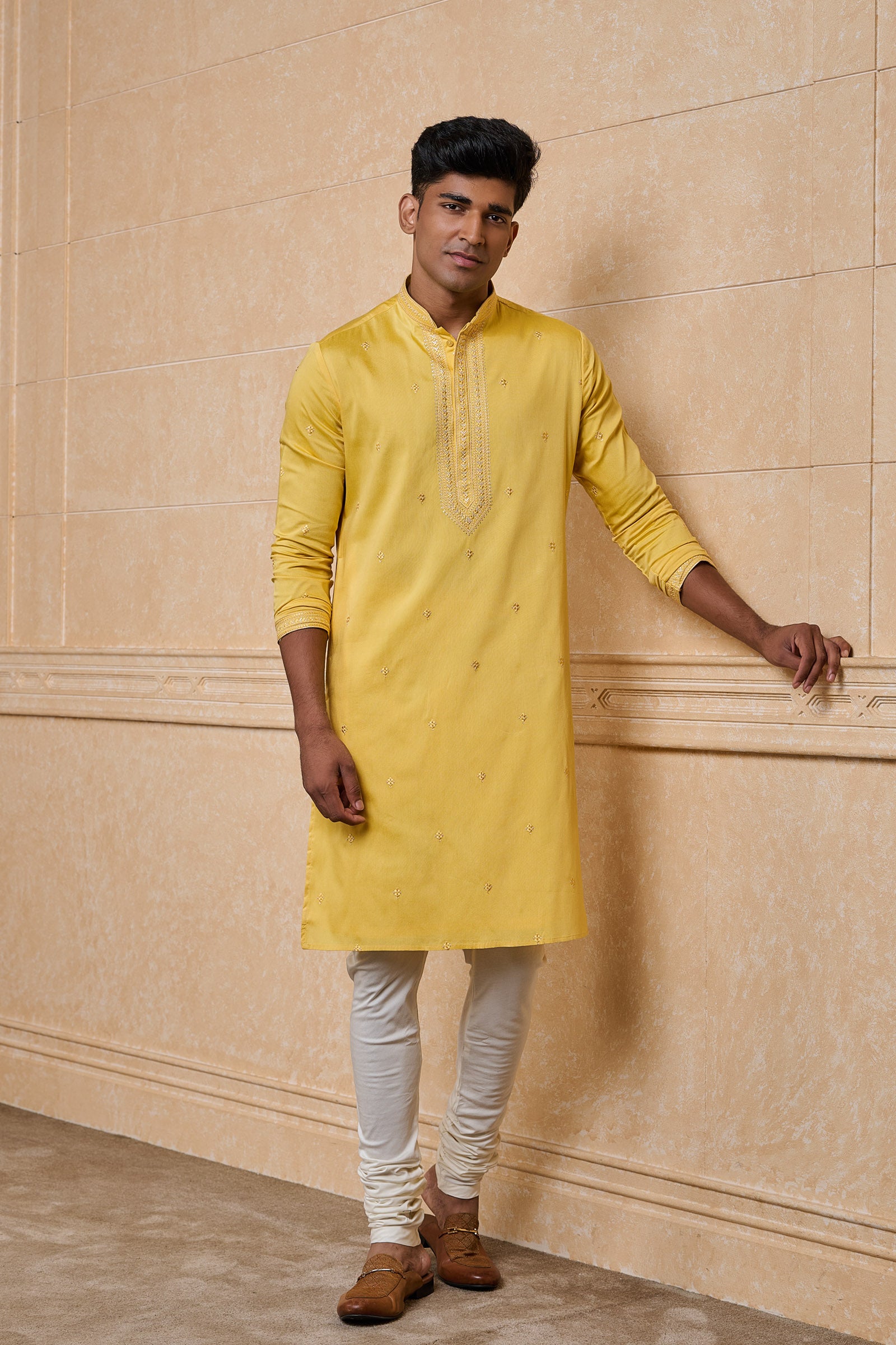 Yellow All Over Embroidered Kurta Set