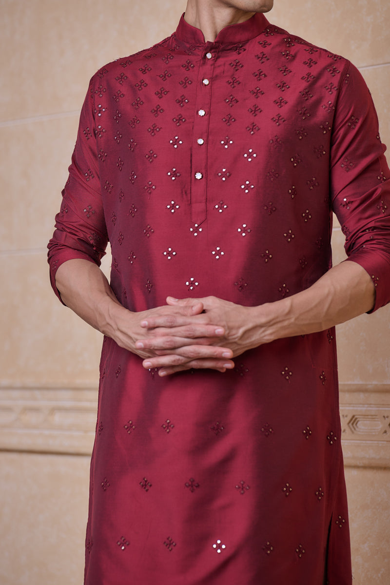 Maroon All Over Embroidered Kurta Set