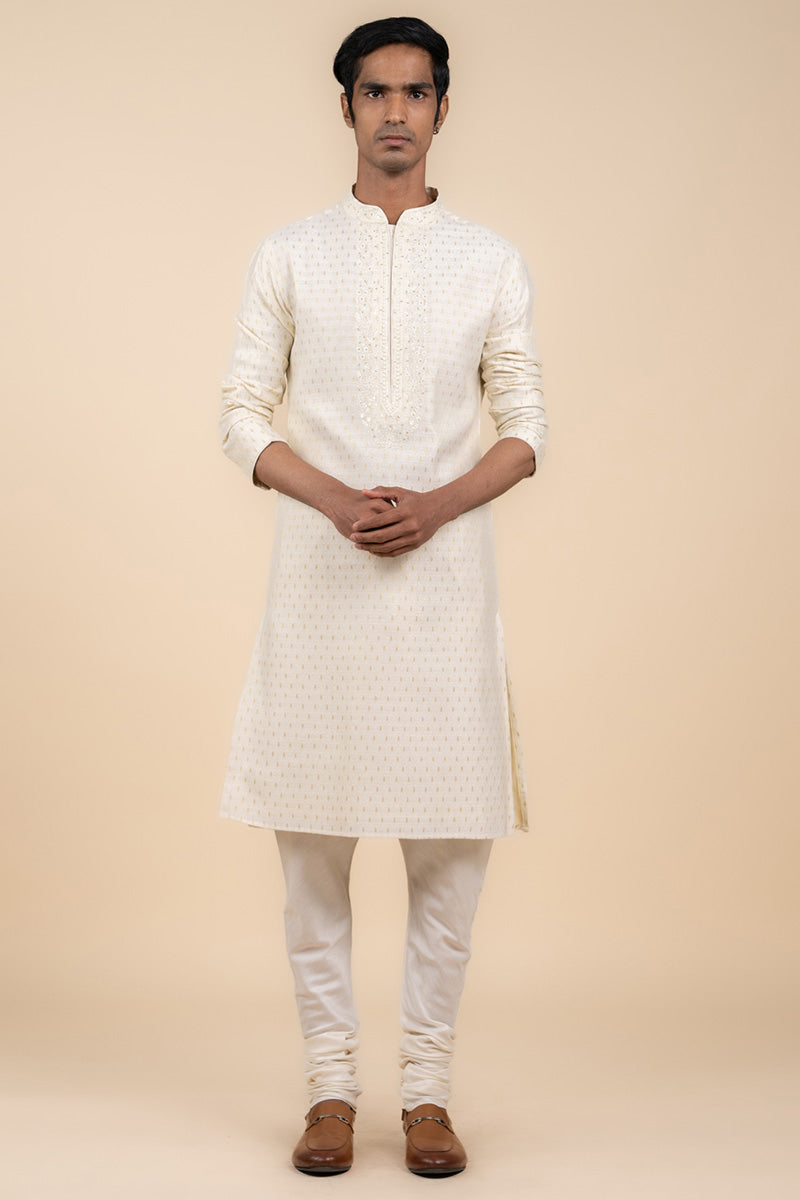 Cream Kurta Set With Embroidered Placket