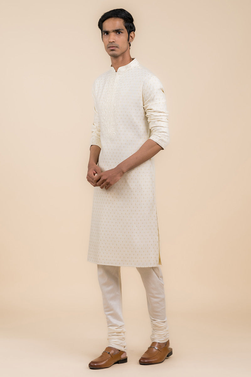 Cream Kurta Set With Embroidered Placket