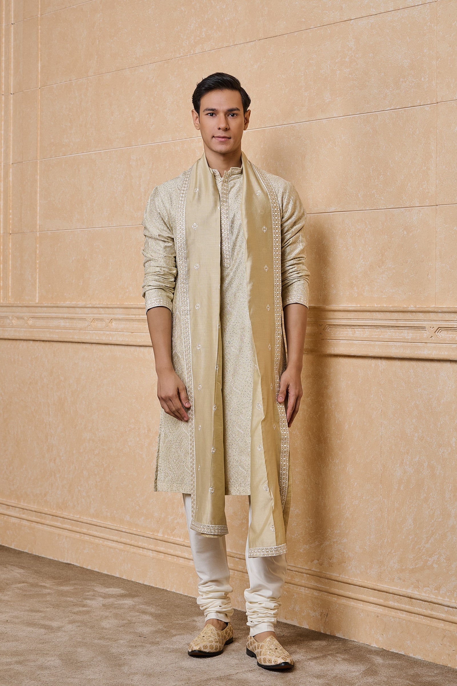 Beige All Over Embroidered Chanderi Kurta set