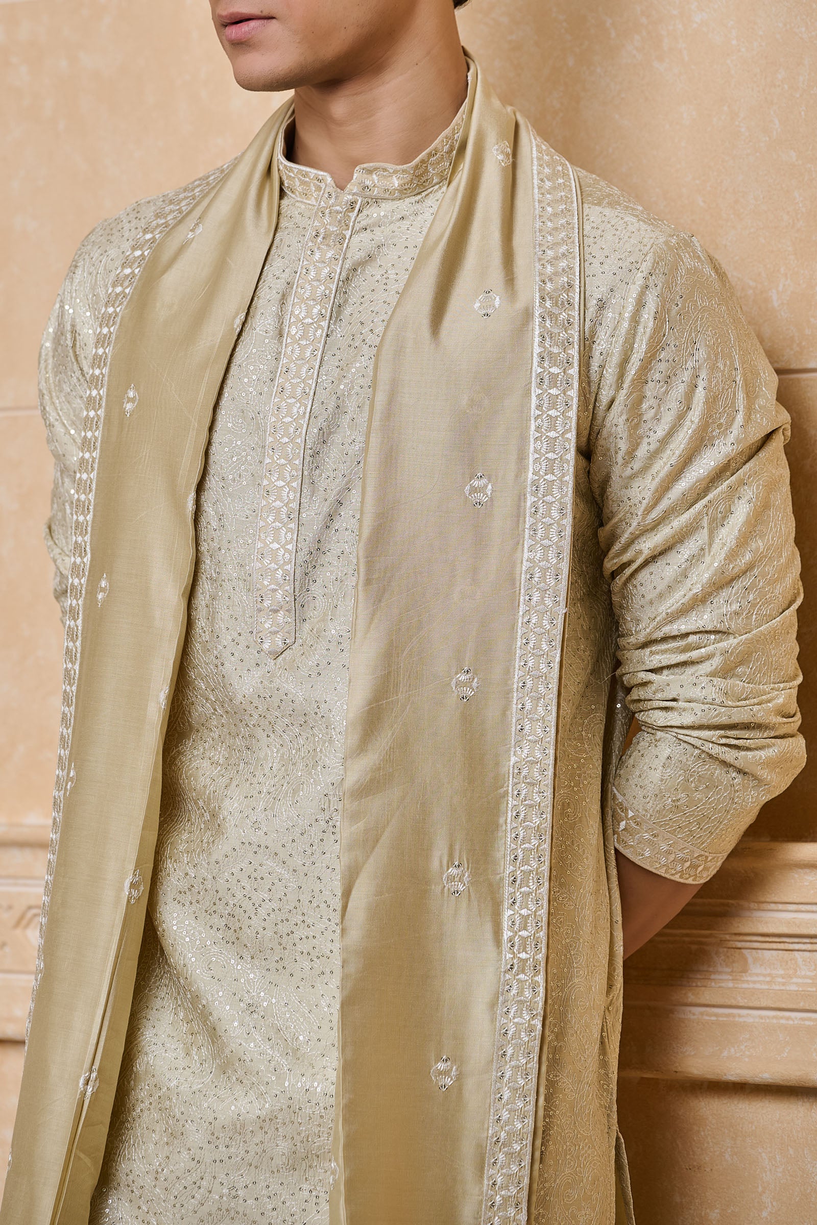 Beige All Over Embroidered Chanderi Kurta set