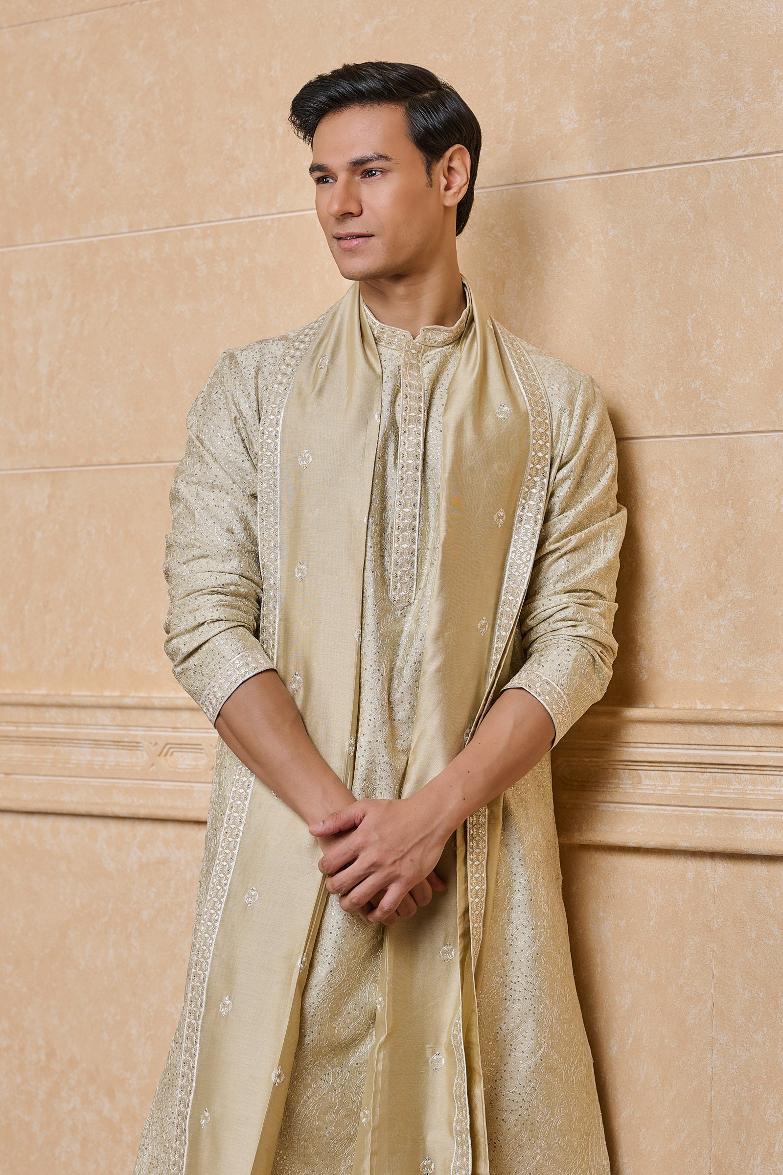 Beige All Over Embroidered Chanderi Kurta set