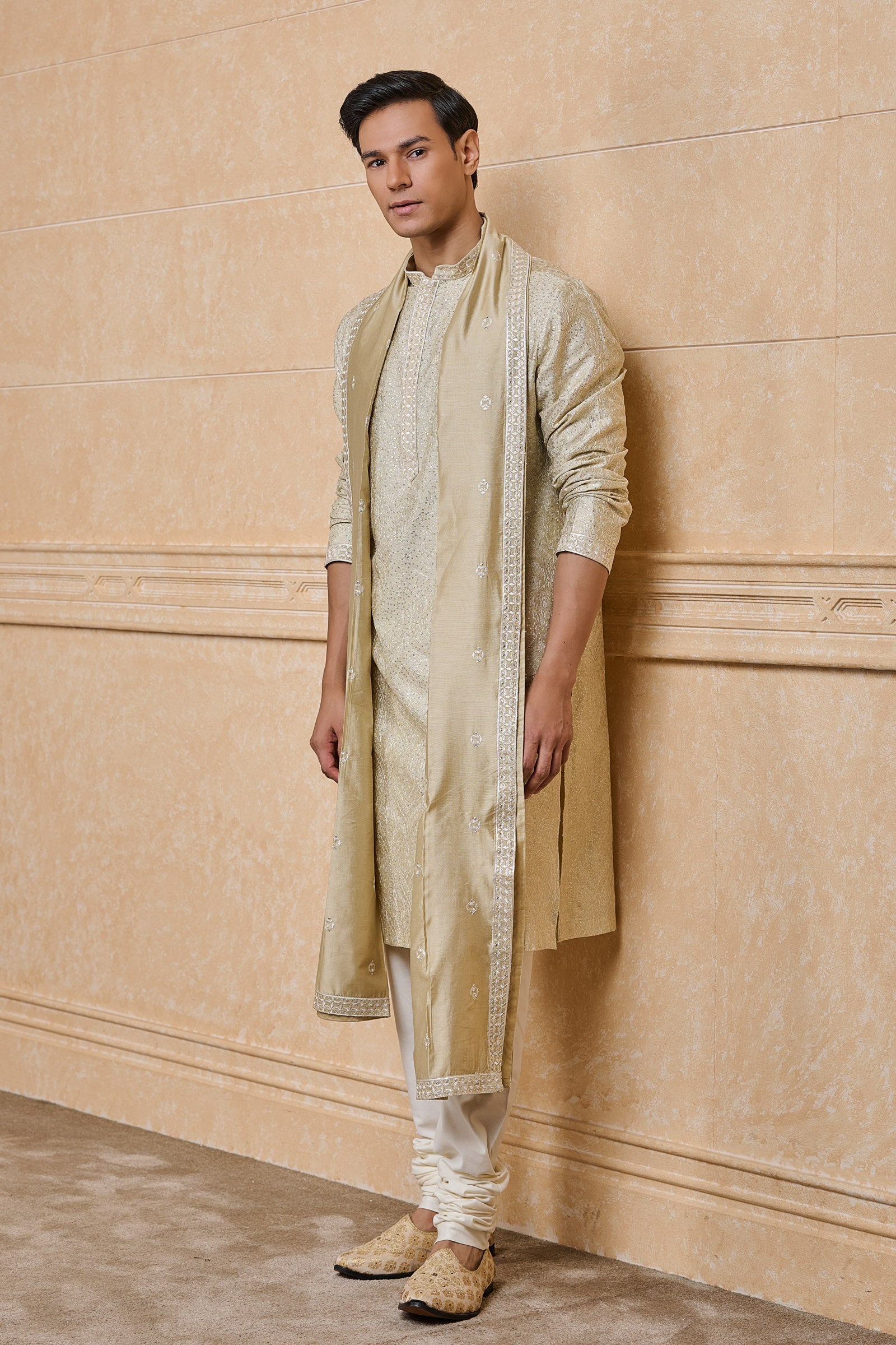 Beige All Over Embroidered Chanderi Kurta set