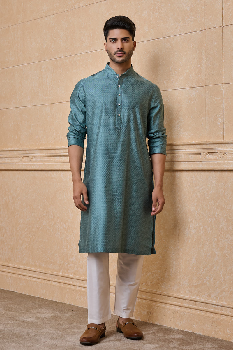 Aqua Jacquard Kurta Set In Geometrical Pattern