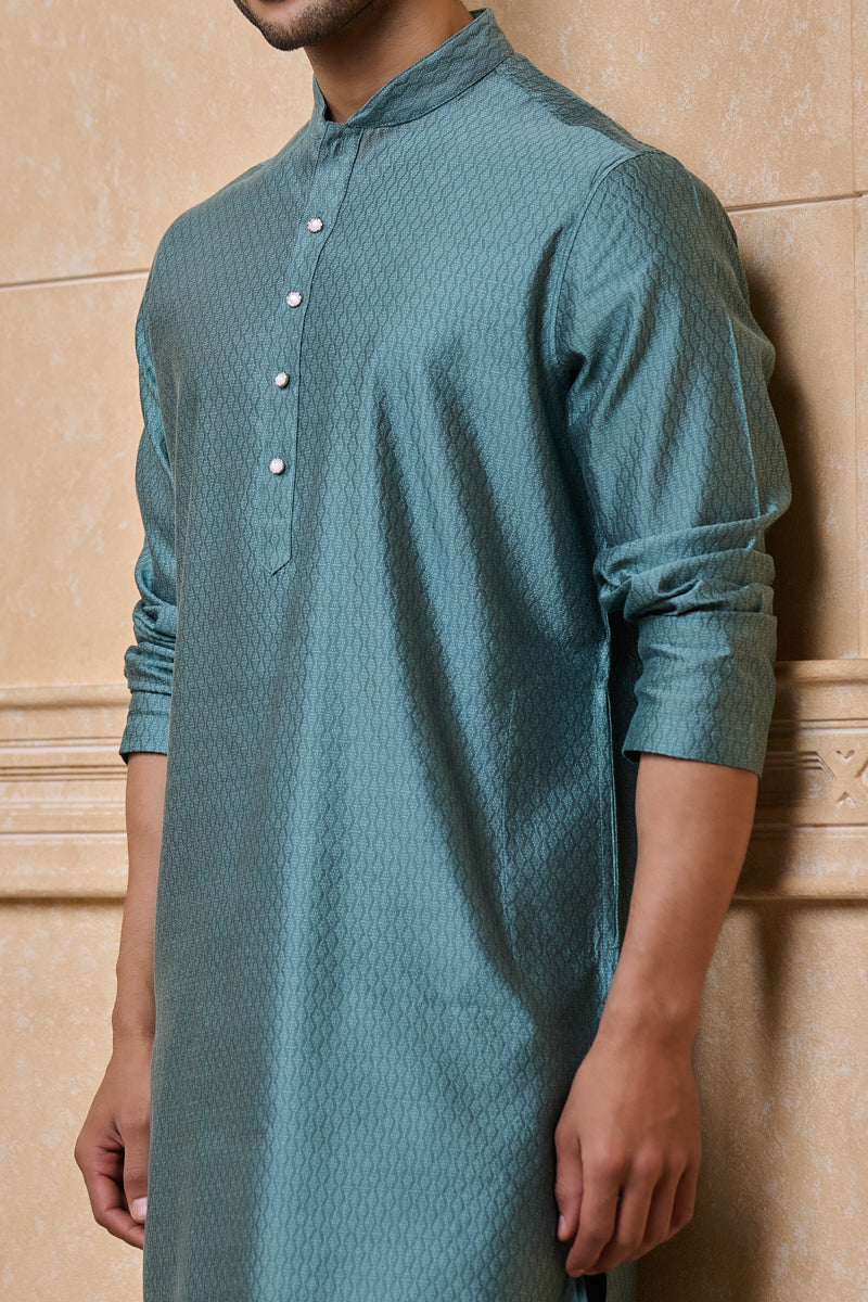 Aqua Jacquard Kurta Set In Geometrical Pattern